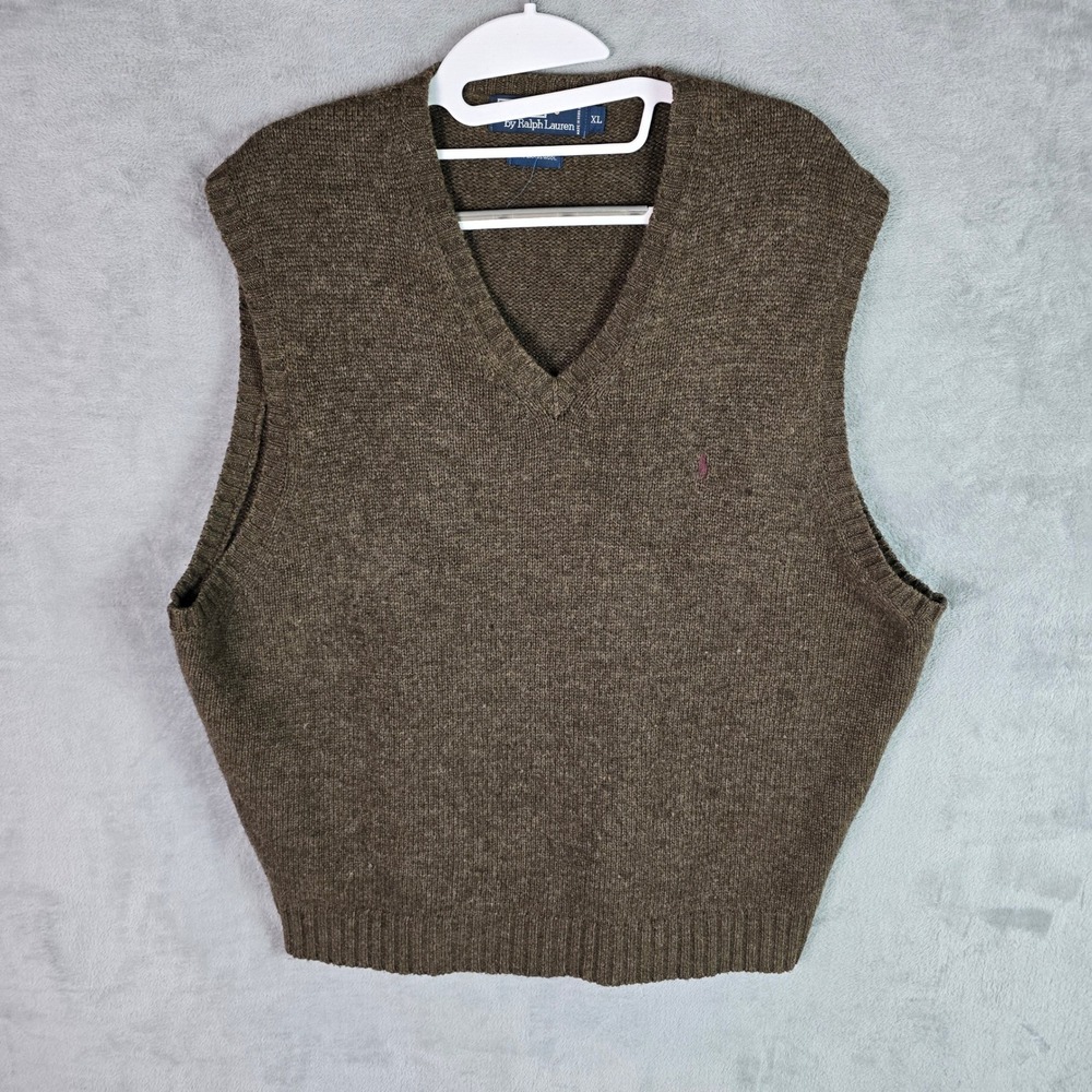 Polo Ralph Lauren Mens XL Lambswool V-Neck Sweater Vest Olive Brown Heather Pony